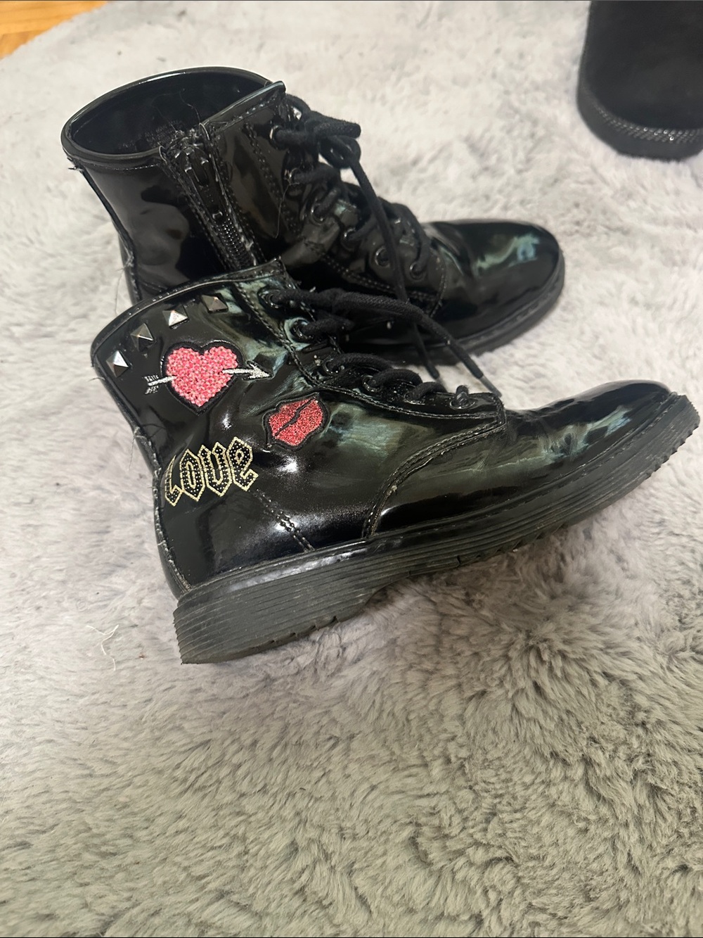 Kids Black Patent Lace-Up Boots with Heart Patch